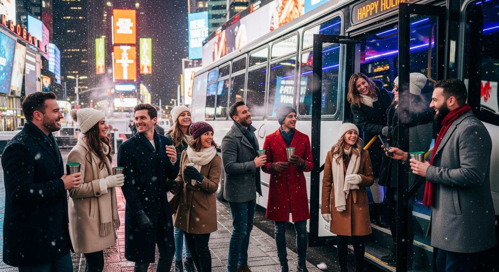 Group transportation for holiday parties in NYC with bus driving through winter city lights