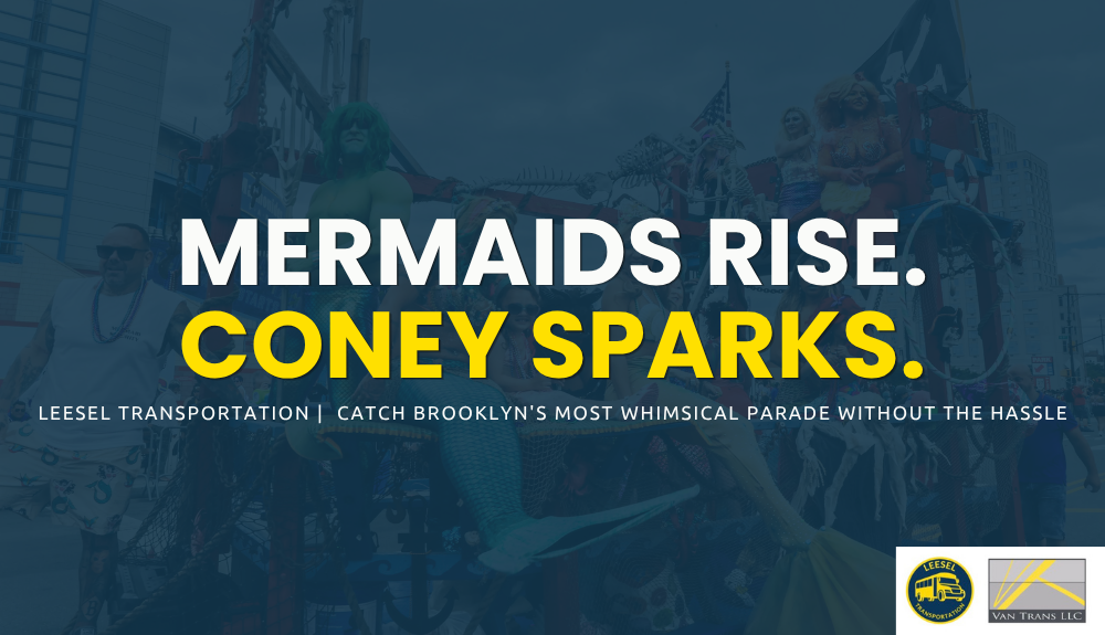 Group charter bus arriving at Coney Island boardwalk for Mermaid Parade 2026 in Brooklyn with attendees ready for the event
