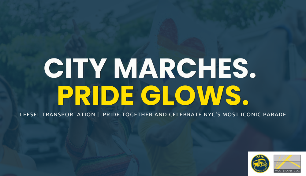 Group charter bus arriving in Manhattan for NYC Pride March 2026 with participants traveling together through New York City